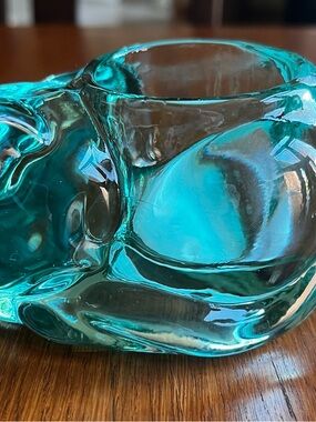 Source Unknown Teal Hand-Blown Sculptural Glass Bowl